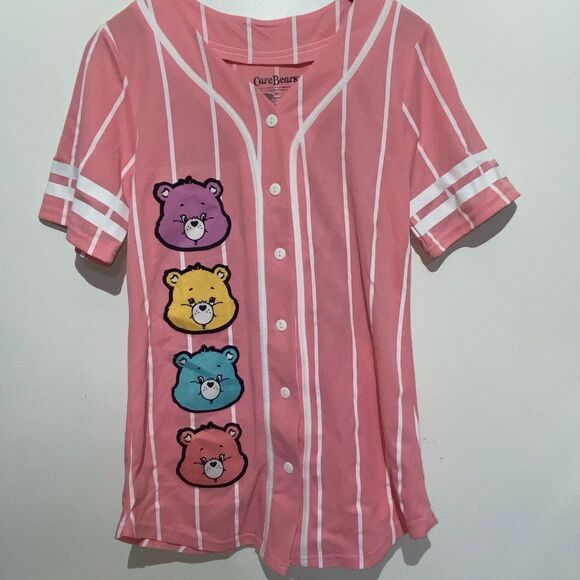 Care Bears Women's Multicolor Stripe Button Front Short Sleeve Jersey Top Medium - Picture 1 of 9